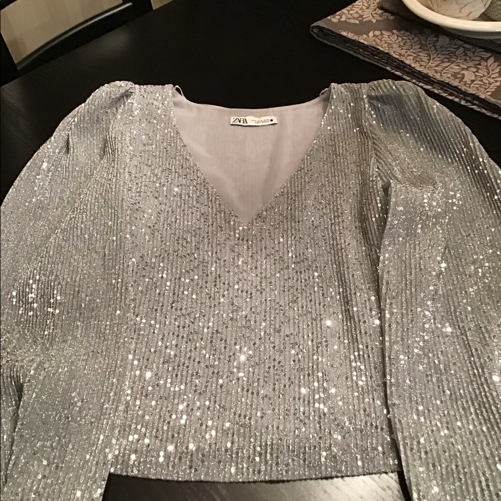 Zara silver and sequin top Sz L